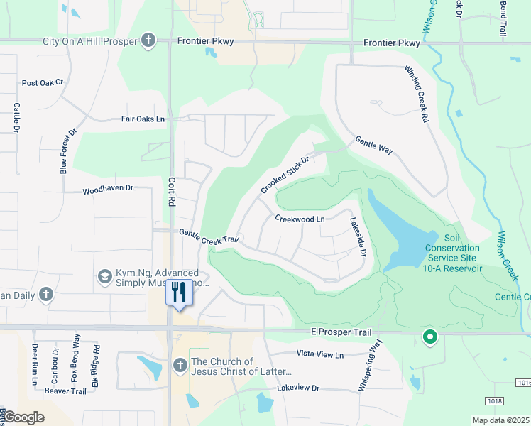 map of restaurants, bars, coffee shops, grocery stores, and more near 1181 Broken Bend Drive in Prosper