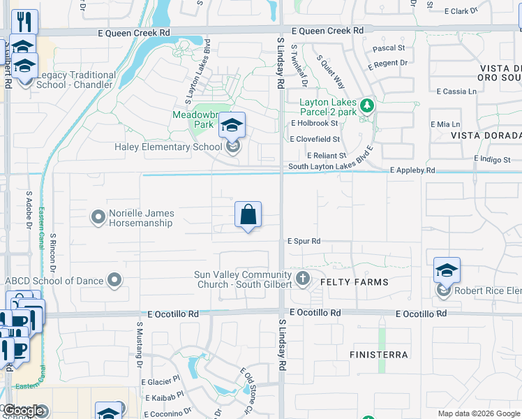map of restaurants, bars, coffee shops, grocery stores, and more near 21410 South Lindsay Road in Chandler