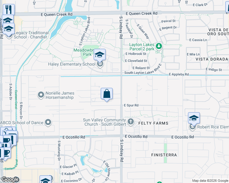 map of restaurants, bars, coffee shops, grocery stores, and more near 21410 South Lindsay Road in Chandler