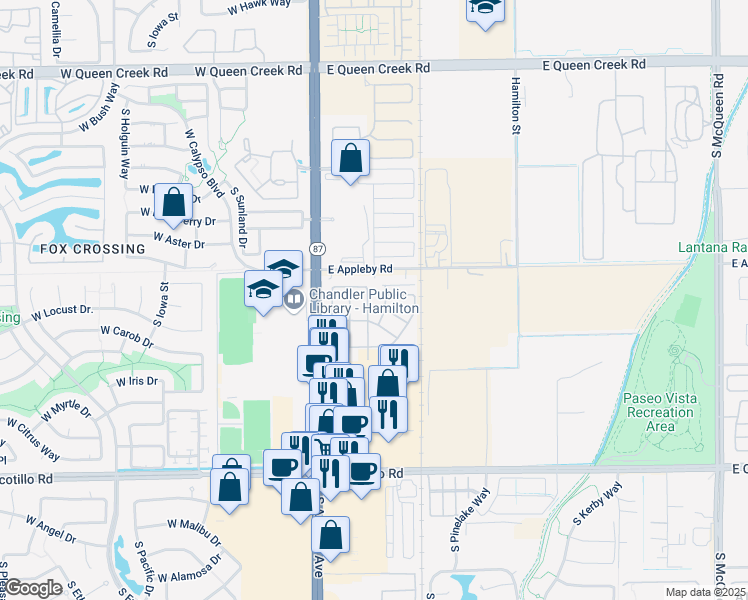 map of restaurants, bars, coffee shops, grocery stores, and more near 3566 South Colorado Street in Chandler