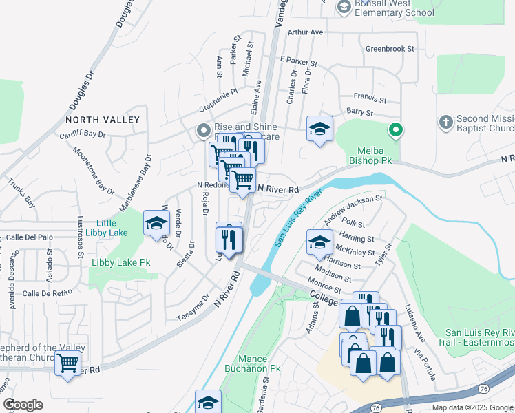 map of restaurants, bars, coffee shops, grocery stores, and more near 5076 Tranquil Way in Oceanside
