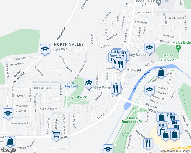 map of restaurants, bars, coffee shops, grocery stores, and more near 438 West Redondo Drive in Oceanside