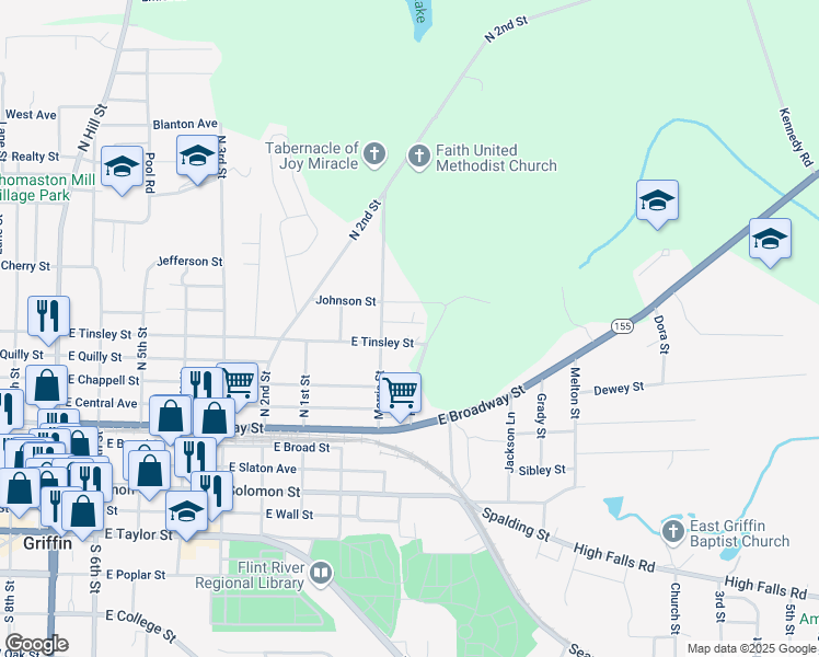 map of restaurants, bars, coffee shops, grocery stores, and more near 824 White Street in Griffin