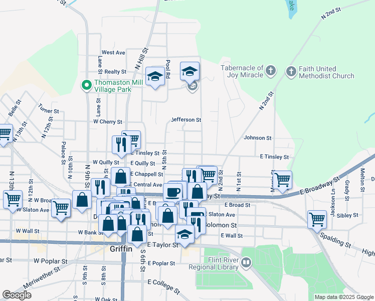 map of restaurants, bars, coffee shops, grocery stores, and more near 418 East Tinsley Street in Griffin