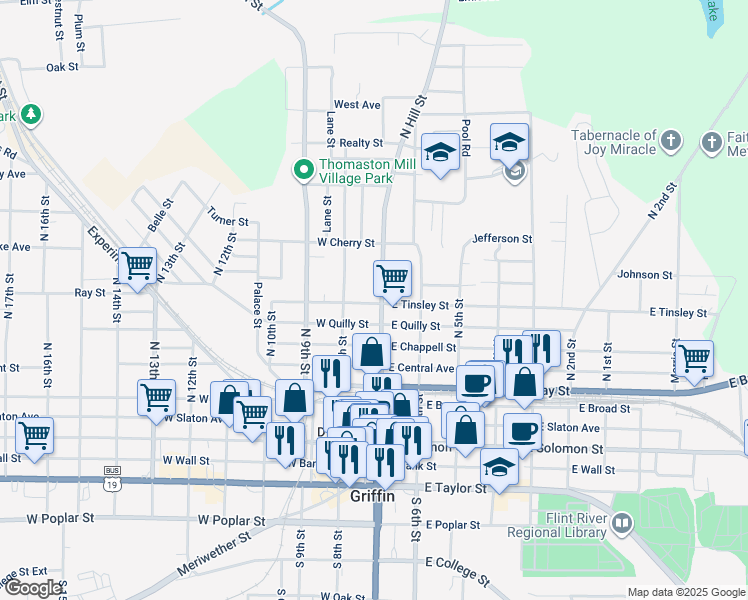 map of restaurants, bars, coffee shops, grocery stores, and more near 106 West Tinsley Street in Griffin