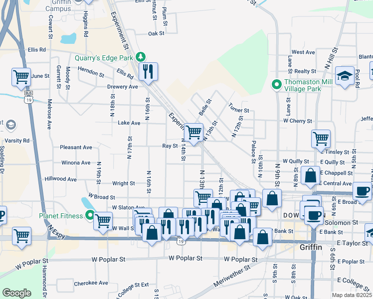 map of restaurants, bars, coffee shops, grocery stores, and more near 732 Ray Street in Griffin