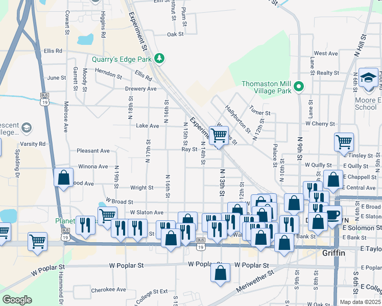 map of restaurants, bars, coffee shops, grocery stores, and more near 322 North 15th Street in Griffin