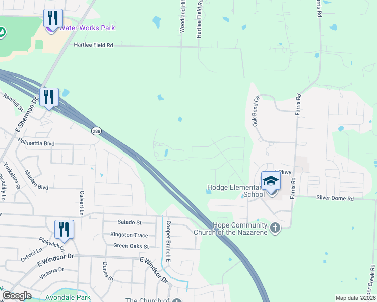 map of restaurants, bars, coffee shops, grocery stores, and more near 3474 North Loop 288 in Denton