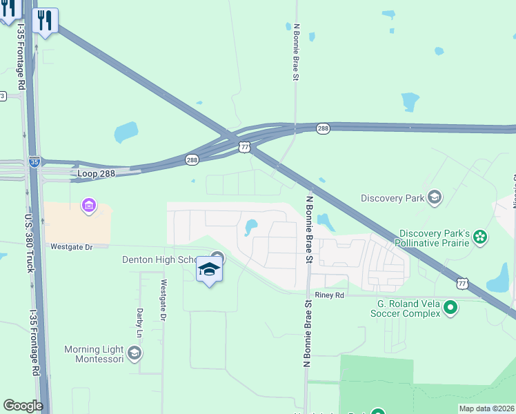 map of restaurants, bars, coffee shops, grocery stores, and more near 4000 North Elm Street in Denton