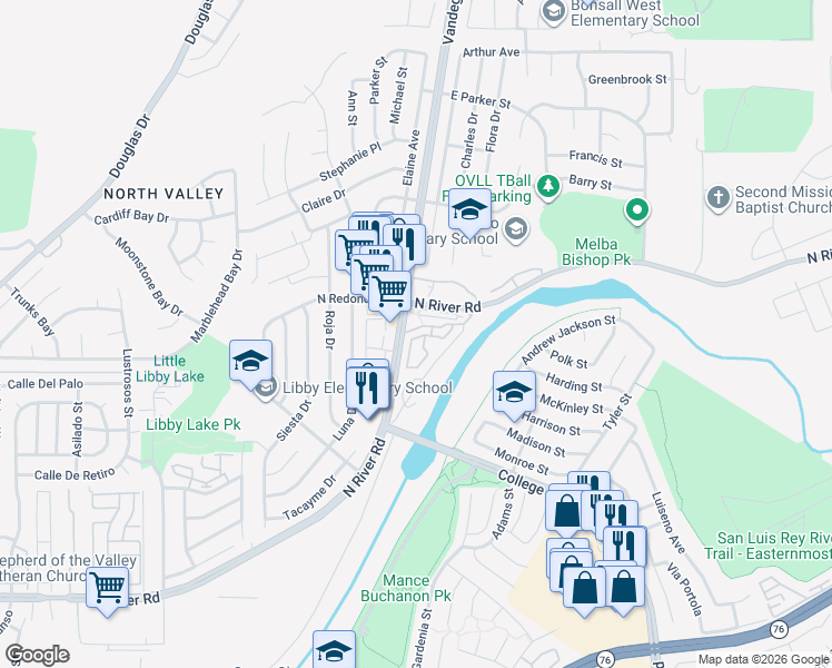 map of restaurants, bars, coffee shops, grocery stores, and more near 5076 Tranquil Way in Oceanside