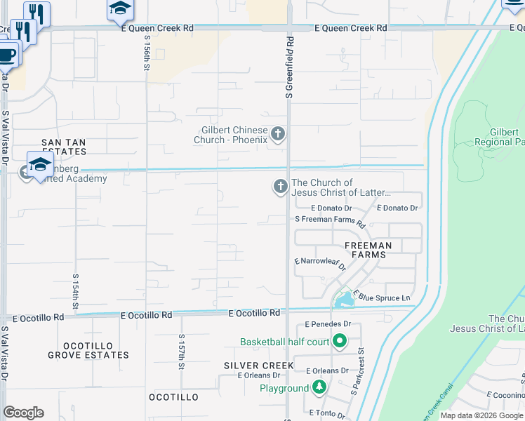 map of restaurants, bars, coffee shops, grocery stores, and more near 21414 South Greenfield Road in Gilbert
