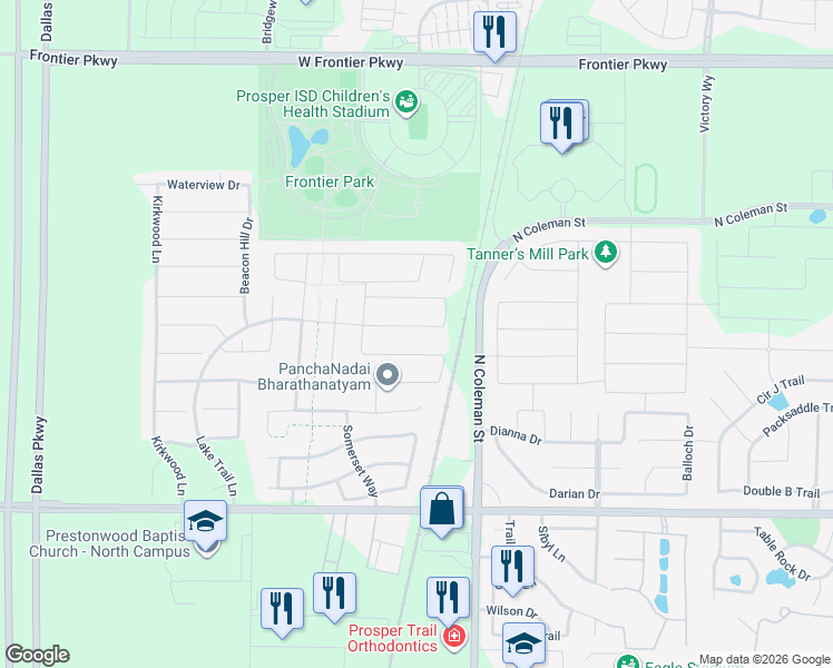 map of restaurants, bars, coffee shops, grocery stores, and more near 321 Lake Trail Lane in Prosper