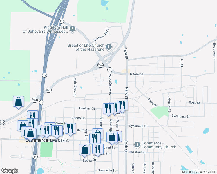 map of restaurants, bars, coffee shops, grocery stores, and more near 1301 Oneal Street in Commerce