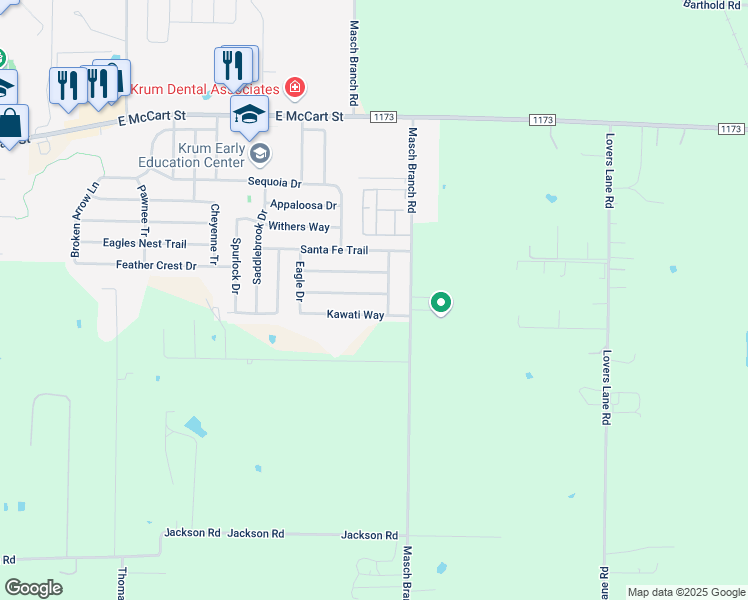 map of restaurants, bars, coffee shops, grocery stores, and more near 1641 Kawati Way in Krum