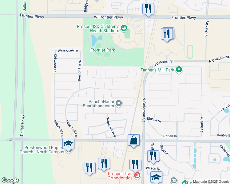 map of restaurants, bars, coffee shops, grocery stores, and more near 431 Lake Trail Lane in Prosper