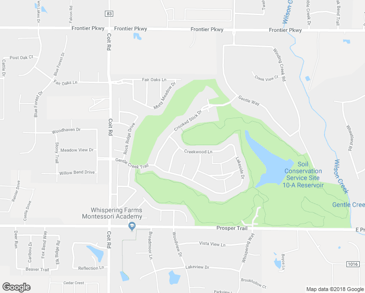 map of restaurants, bars, coffee shops, grocery stores, and more near 2871 Creekwood Lane in Prosper