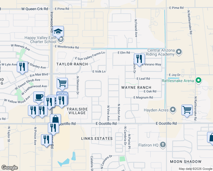 map of restaurants, bars, coffee shops, grocery stores, and more near 41246 North Vine Avenue in San Tan Valley