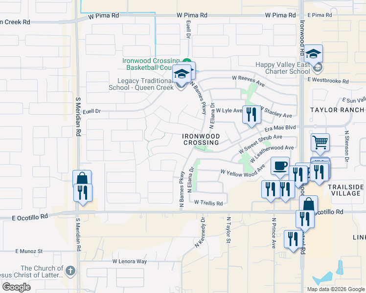 map of restaurants, bars, coffee shops, grocery stores, and more near North Barnes Parkway in San Tan Valley