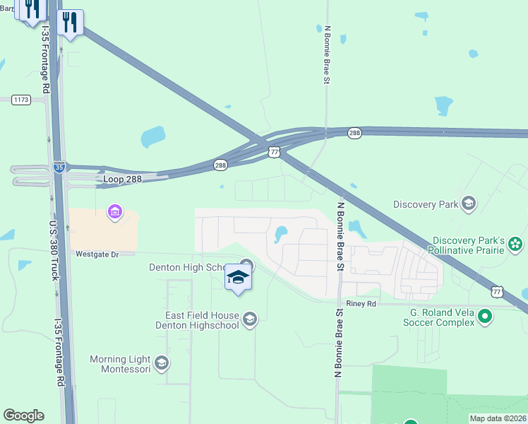 map of restaurants, bars, coffee shops, grocery stores, and more near 2500 North Loop 288 in Denton