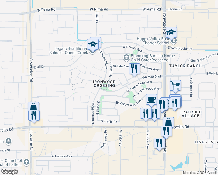 map of restaurants, bars, coffee shops, grocery stores, and more near 753 Basswood Avenue in Queen Creek