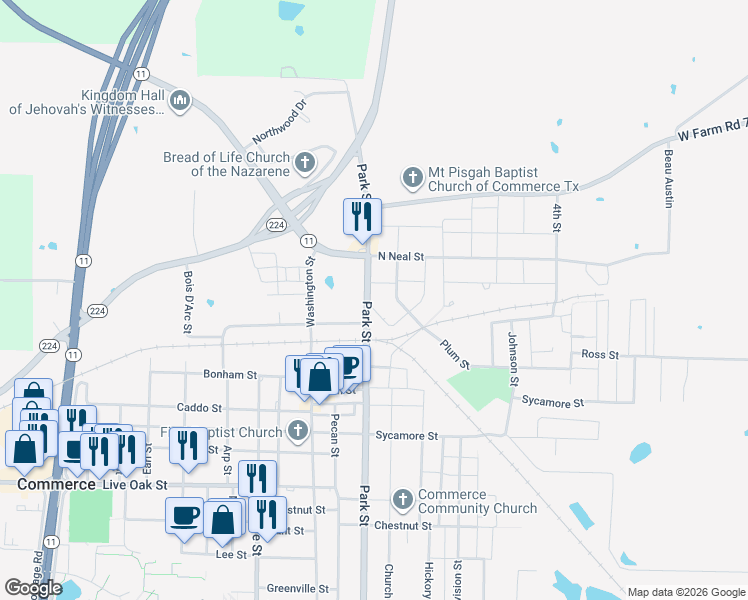 map of restaurants, bars, coffee shops, grocery stores, and more near 808 Park Street in Commerce