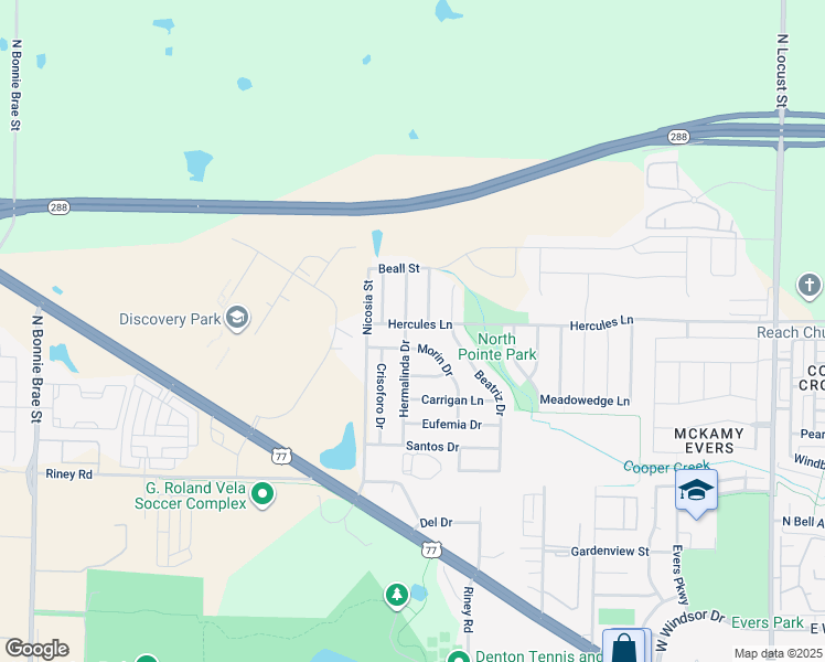 map of restaurants, bars, coffee shops, grocery stores, and more near 1521 West Hercules Lane in Denton