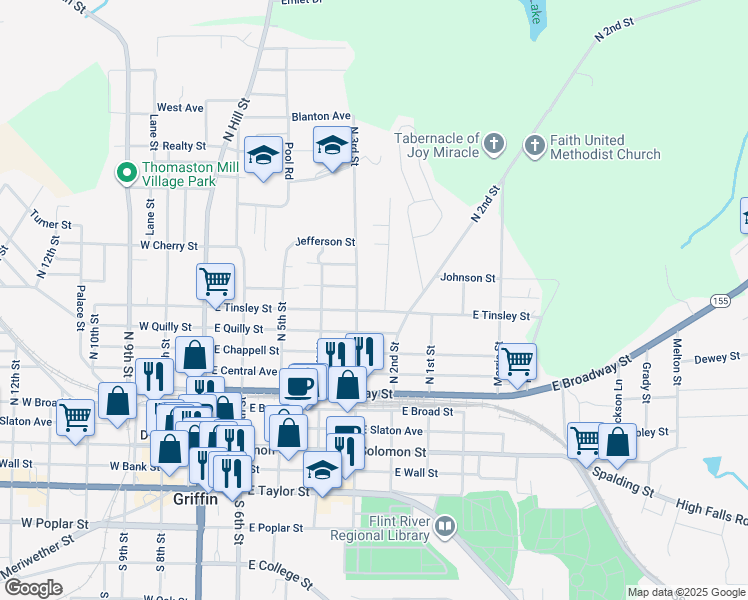 map of restaurants, bars, coffee shops, grocery stores, and more near 509 East Tinsley Street in Griffin