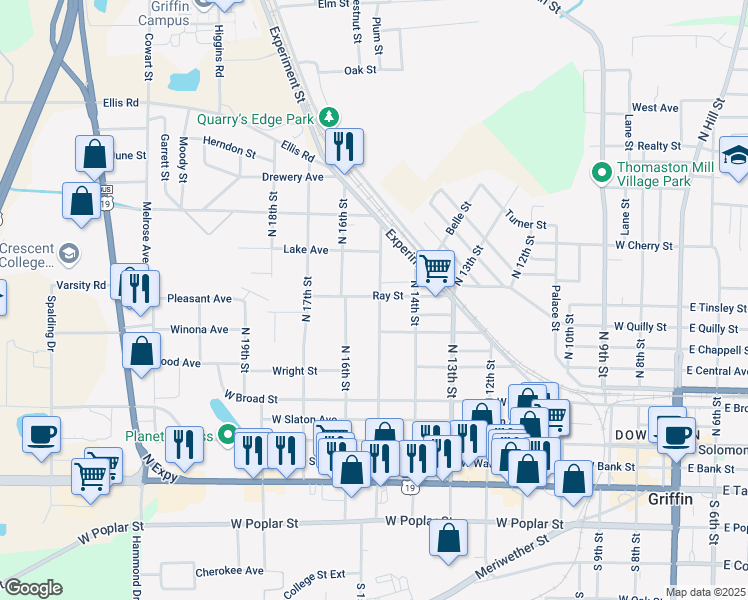 map of restaurants, bars, coffee shops, grocery stores, and more near 362 North 16th Street in Griffin