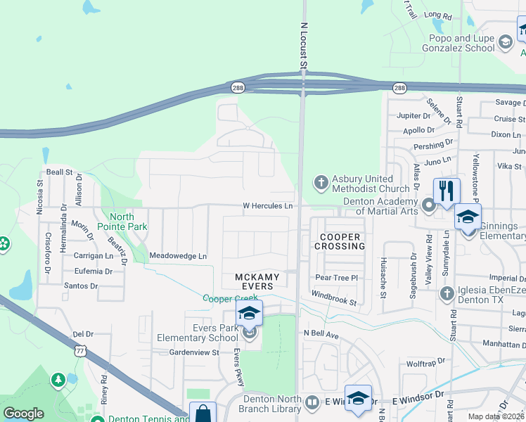 map of restaurants, bars, coffee shops, grocery stores, and more near 213 Samuel Street in Denton