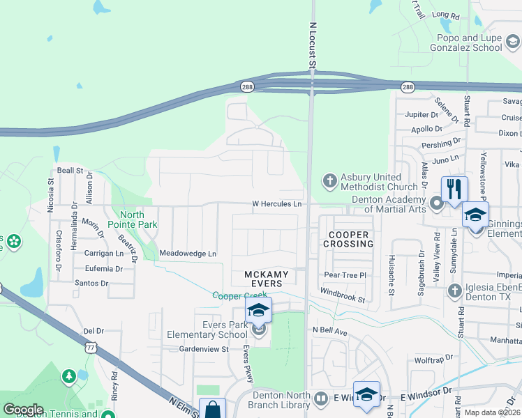 map of restaurants, bars, coffee shops, grocery stores, and more near 213 Samuel Street in Denton