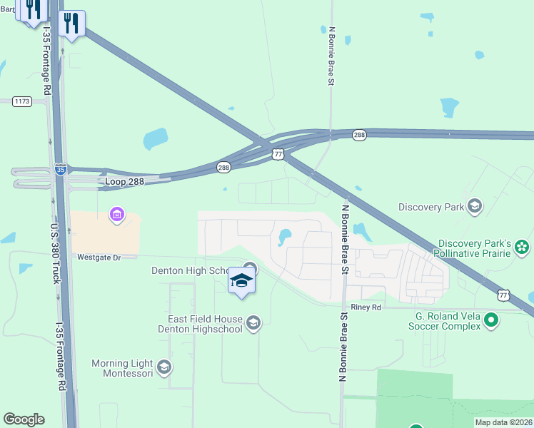 map of restaurants, bars, coffee shops, grocery stores, and more near 2500 North Loop 288 in Denton