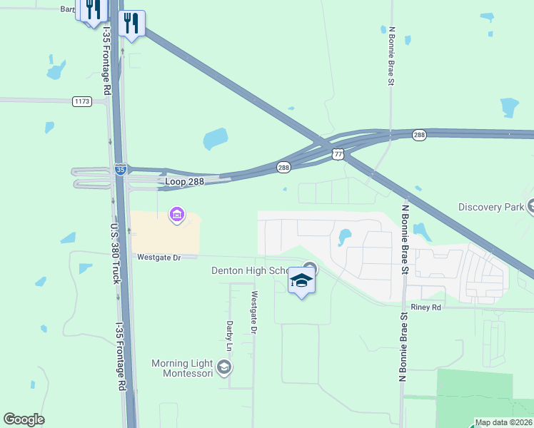 map of restaurants, bars, coffee shops, grocery stores, and more near Highway 288 Loop in Denton