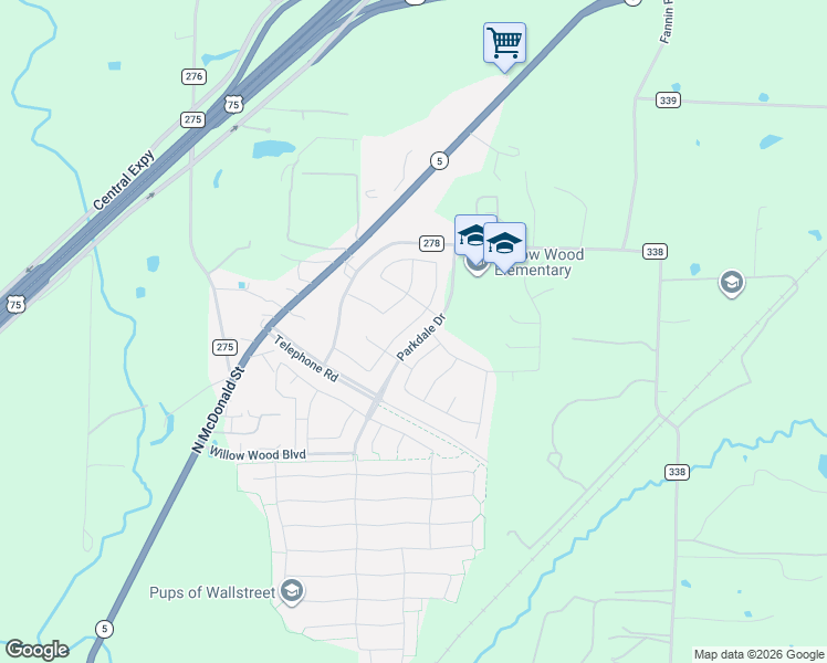 map of restaurants, bars, coffee shops, grocery stores, and more near 1044 County Road 278 in Melissa