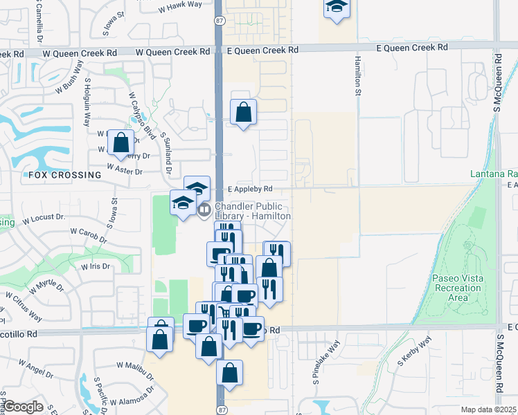 map of restaurants, bars, coffee shops, grocery stores, and more near 3566 South Colorado Street in Chandler