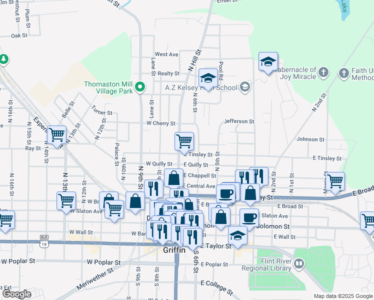 map of restaurants, bars, coffee shops, grocery stores, and more near 406 North Hill Street in Griffin