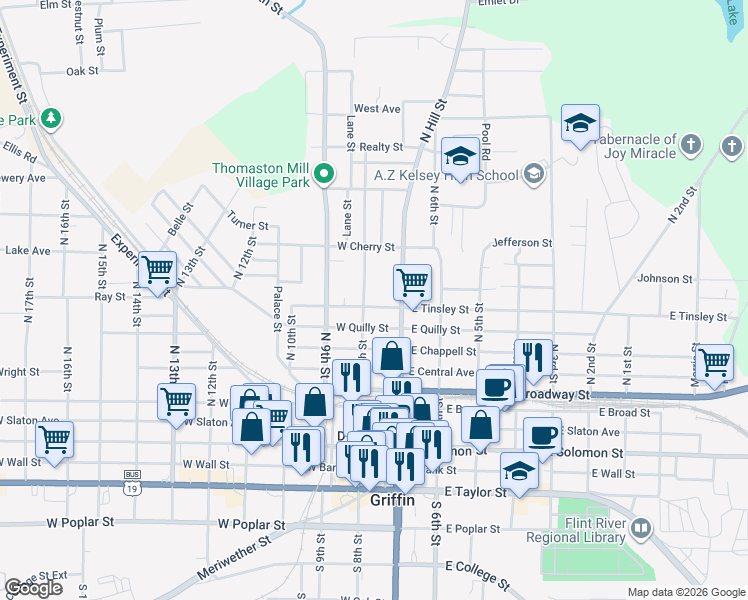 map of restaurants, bars, coffee shops, grocery stores, and more near 125 West Tinsley Street in Griffin