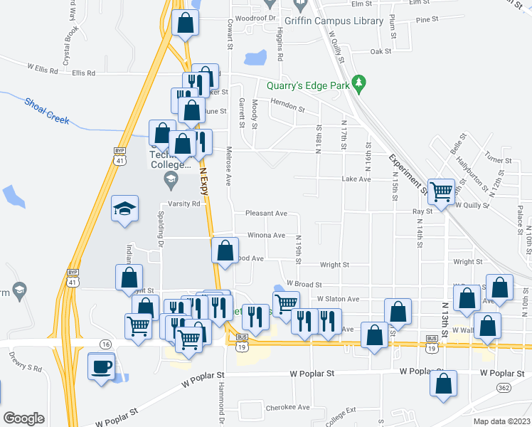 map of restaurants, bars, coffee shops, grocery stores, and more near 1299 Pleasant Avenue in Griffin