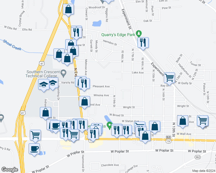 map of restaurants, bars, coffee shops, grocery stores, and more near 1219 Pleasant Avenue in Griffin