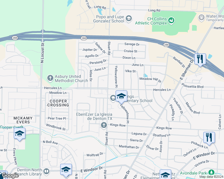 map of restaurants, bars, coffee shops, grocery stores, and more near 808 Hercules Lane in Denton