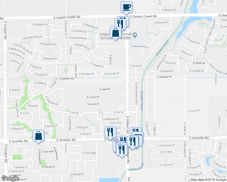 map of restaurants, bars, coffee shops, grocery stores, and more near 2839 East Jade Place in Chandler