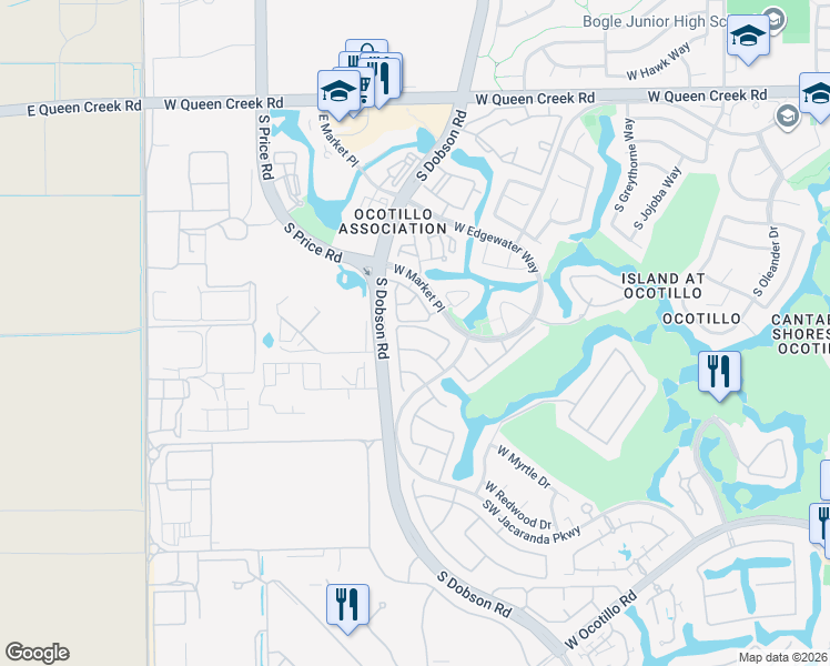 map of restaurants, bars, coffee shops, grocery stores, and more near 2441 West Indigo Drive in Chandler