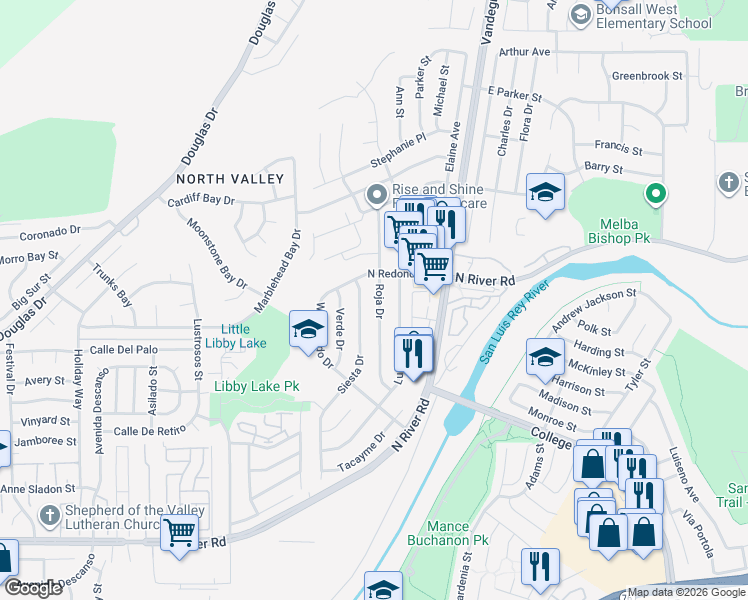 map of restaurants, bars, coffee shops, grocery stores, and more near 4930 Siesta Drive in Oceanside