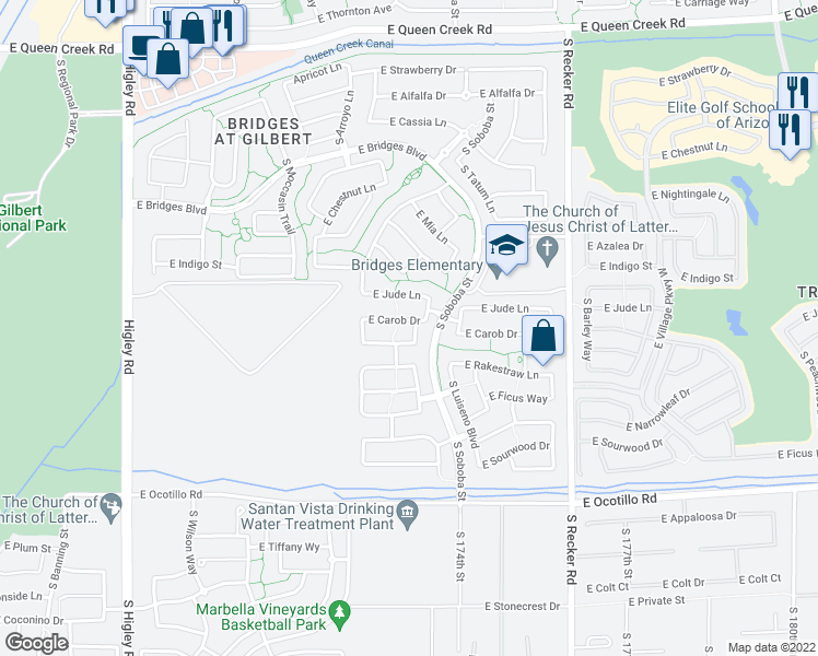 map of restaurants, bars, coffee shops, grocery stores, and more near 3703 East Carob Drive in Gilbert