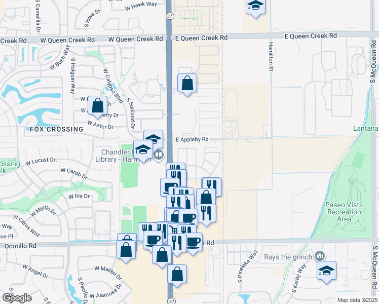 map of restaurants, bars, coffee shops, grocery stores, and more near 3533 South Washington Street in Chandler