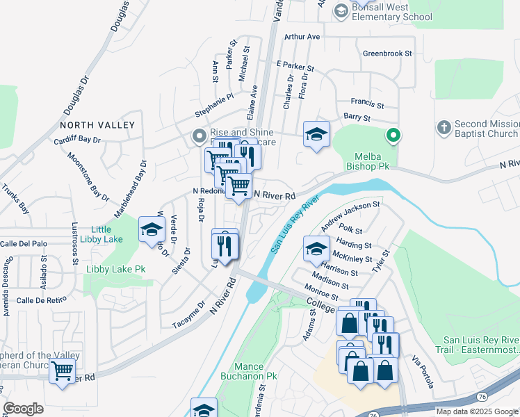 map of restaurants, bars, coffee shops, grocery stores, and more near 5076 Tranquil Way in Oceanside