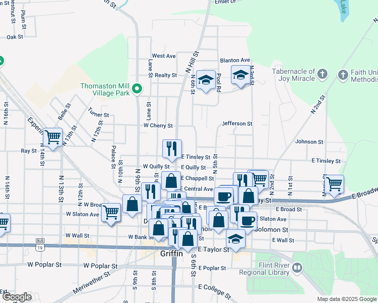 map of restaurants, bars, coffee shops, grocery stores, and more near 122 East Tinsley Street in Griffin