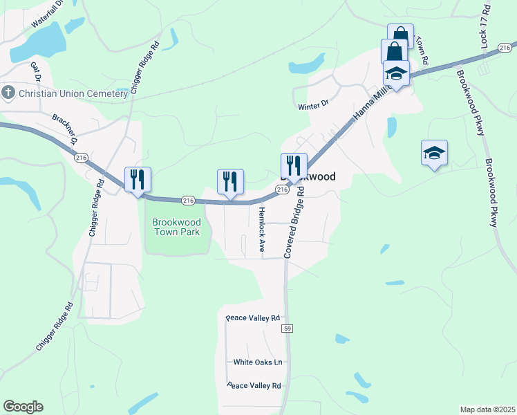 map of restaurants, bars, coffee shops, grocery stores, and more near 12094 Hemlock Avenue in Brookwood