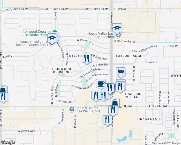 map of restaurants, bars, coffee shops, grocery stores, and more near 367 West Sweet Shrub Avenue in San Tan Valley