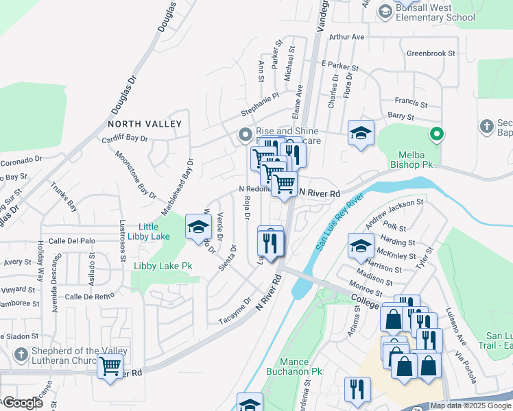 map of restaurants, bars, coffee shops, grocery stores, and more near 4949 Luna Drive in Oceanside
