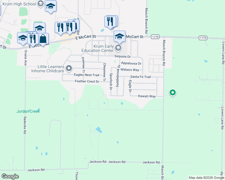 map of restaurants, bars, coffee shops, grocery stores, and more near 415 Spurlock Drive in Krum